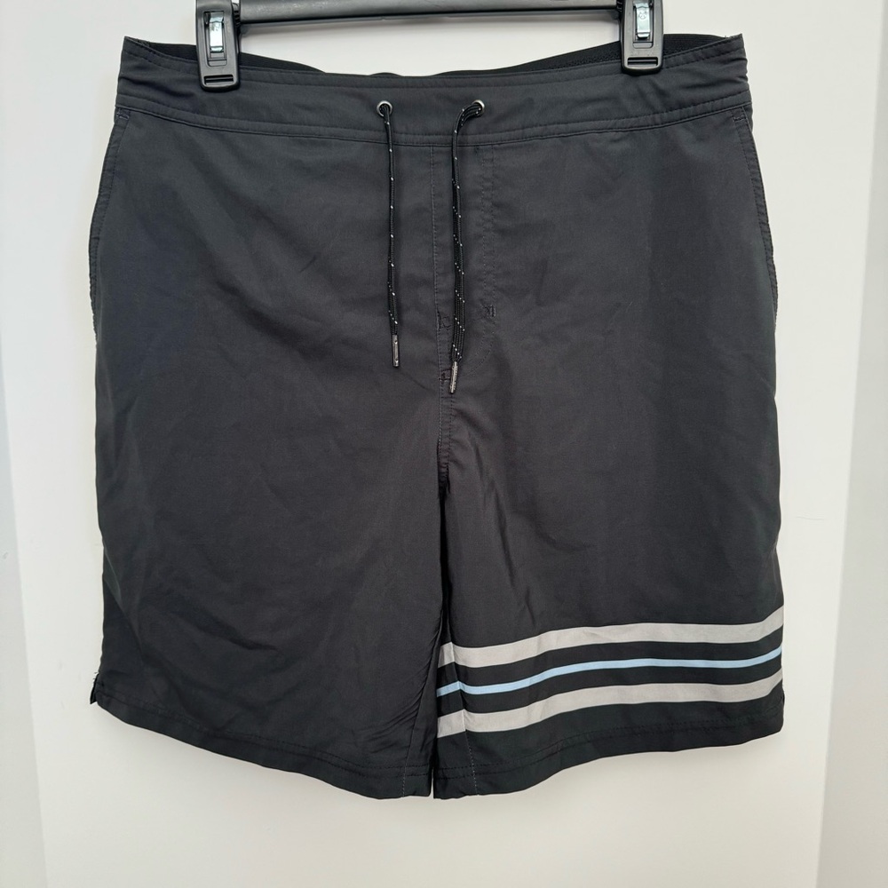 Fair Harbor 8” Lined Swim Suit Hybrid Shorts, Black Striped, Men’s Large